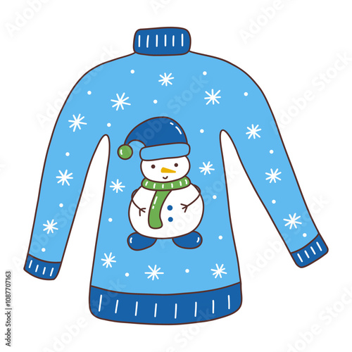 Winter cozy blue sweater with snowman and snowflakes. Seasonal warm clothes. Colorful vector isolated illustration with outline hand drawn. Season garment. Christmas and New Year time