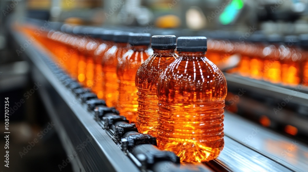 Rows of amber-colored bottles are moving along a production line in a beverage manufacturing facility, showcasing the bottling process during daylight hours Rows of amber-colored bottles are moving along a production line in a beverage manufacturing facility, showcasing the bottling process during daylight hours