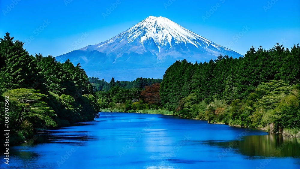 A Picturesque View of Mount Fuji and Tranquil Waters A Picturesque View of Mount Fuji and Tranquil Waters