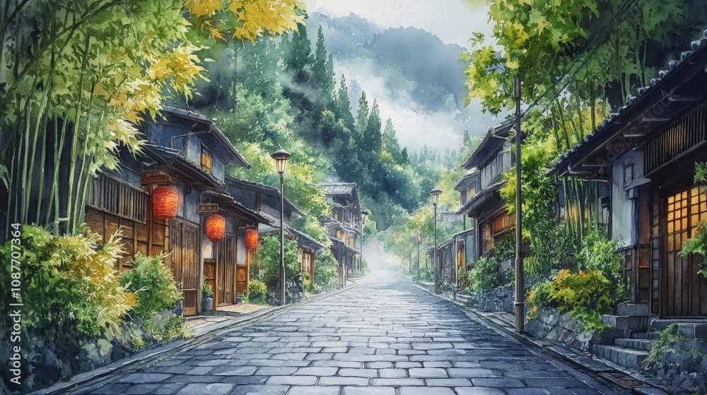 Serene Bamboo Village Street Lined with Traditional Homes in Nature Serene Bamboo Village Street Lined with Traditional Homes in Nature