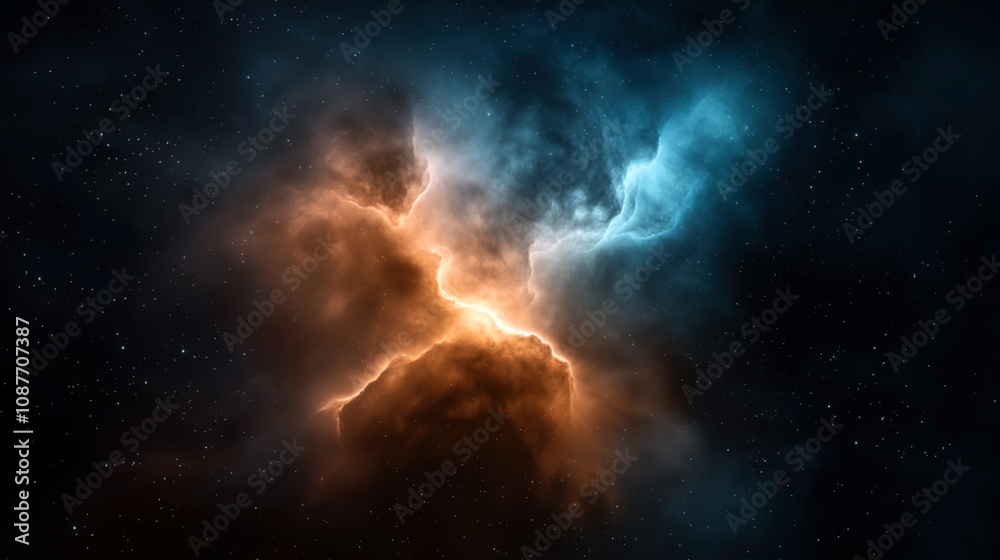 Obraz premium Dramatic interstellar nebula with contrasting orange and blue gas clouds and stars in deep space setting