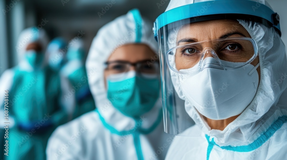 group of health professionals wearing protective clothing and masks are focused on their duties in a hospital setting, ensuring patient safety during a critical time