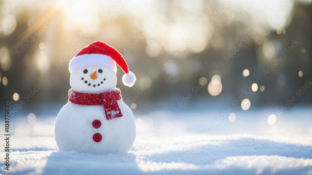 Minimalist snowman wearing a Santa hat and red scarf in winter snow for festive Christmas cheer Minimalist snowman wearing a Santa hat and red scarf in winter snow for festive Christmas cheer