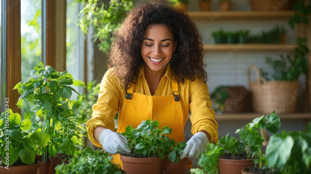woman wearing an apron smiles while caring for herb plants in terracotta pots. bright, sunlit indoor garden creates a welcoming and vibrant atmosphere filled with greenery woman wearing an apron smiles while caring for herb plants in terracotta pots. bright, sunlit indoor garden creates a welcoming and vibrant atmosphere filled with greenery