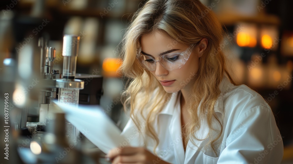 A researcher in a laboratory is focused on analyzing data while surrounded by various glass tools and equipment. The warm light enhances the ambient atmosphere as she diligently works A researcher in a laboratory is focused on analyzing data while surrounded by various glass tools and equipment. The warm light enhances the ambient atmosphere as she diligently works