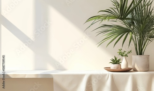 Soft beige cotton tablecloth on counter table, tropical dracaena tree in sunlight on white wall background for luxury fresh organic cosmetic, skincare, beauty treatment product display, Generative AI