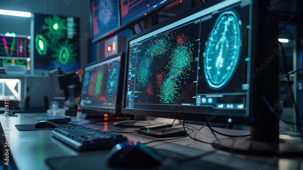 An advanced imaging system displaying detailed cellular structures on a computer screen. --ar 169 --v 6.0 An advanced imaging system displaying detailed cellular structures on a computer screen. --ar 169 --v 6.0