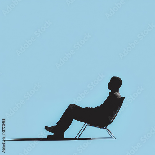 Silhouette of a man in a rocking chair under a dramatic spotlight with a moody blue background photo