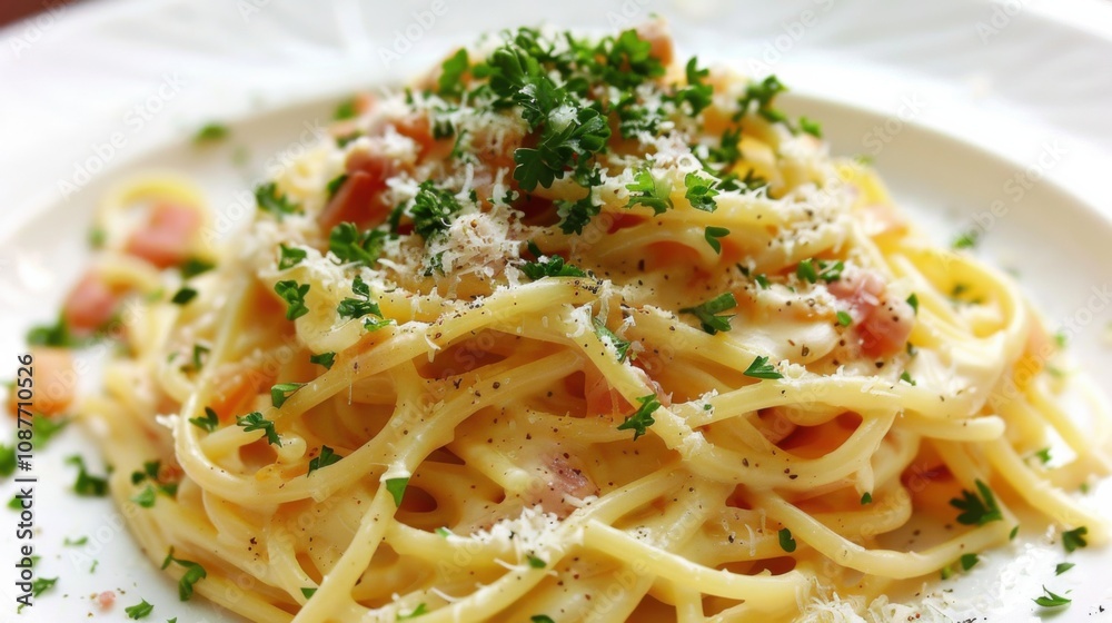 A hearty plate of spaghetti carbonara with crispy pancetta, creamy egg sauce A hearty plate of spaghetti carbonara with crispy pancetta, creamy egg sauce