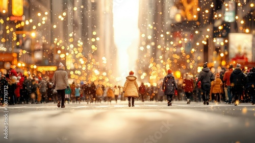 A bustling city street covered in snow, illuminated by bright lights, with people walking and a warm glow amidst the winter atmosphere.