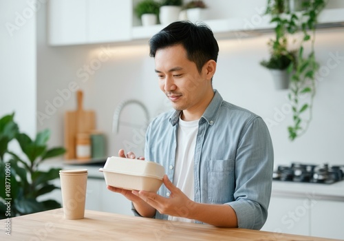 Happy young asian man holding a disposable biodegradable food container and a paper cup in his modern kitchen photo