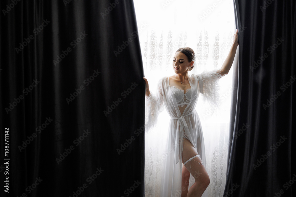 A woman in a white gown stands in front of a curtain, looking out the window. The scene is mysterious and intimate, with the woman's gaze directed towards the outside world A woman in a white gown stands in front of a curtain, looking out the window. The scene is mysterious and intimate, with the woman's gaze directed towards the outside world