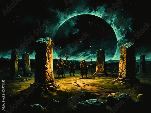 Wikinger stehen in der Nacht unter einem beeindruckenden Sternenhimmel, umgeben von steinernen Monumenten auf einem abgelegenen Standort