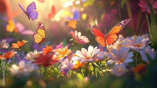 Butterflies gently flutter around blossoming flowers in a vibrant meadow, creating a colorful and dreamy atmosphere. The scene is full of light and symbolizes boundless inspiration. photo