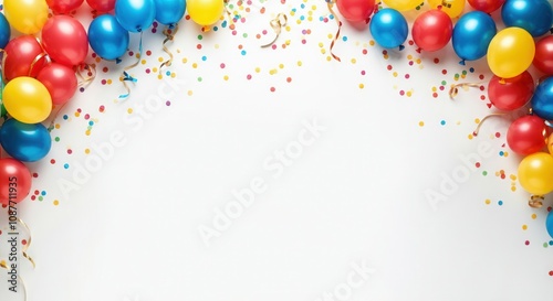 Vibrant balloons and confetti creating a cheerful party atmosphere on a white background