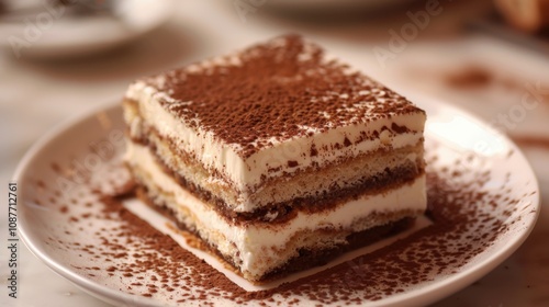 A heavenly slice of tiramisu layered with espresso-soaked ladyfingers and mascarpone cream, Tiramisu slice centered