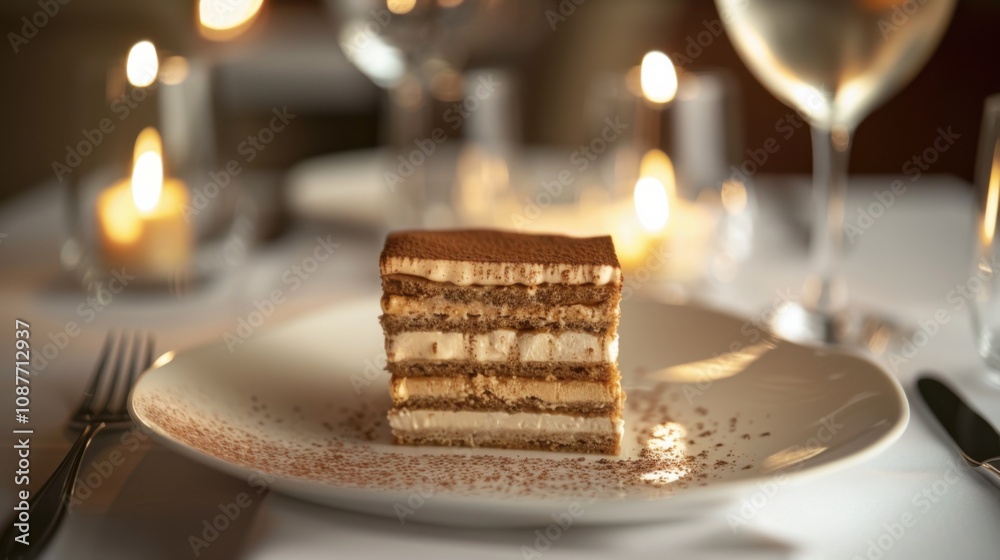 A heavenly slice of tiramisu layered with espresso-soaked ladyfingers and mascarpone cream, Tiramisu slice placed off-center on a white plate A heavenly slice of tiramisu layered with espresso-soaked ladyfingers and mascarpone cream, Tiramisu slice placed off-center on a white plate