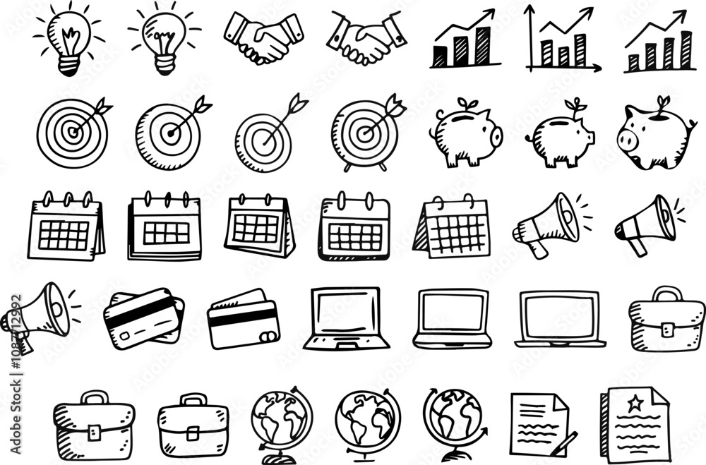 unique business-themed icons in a playful doodle style