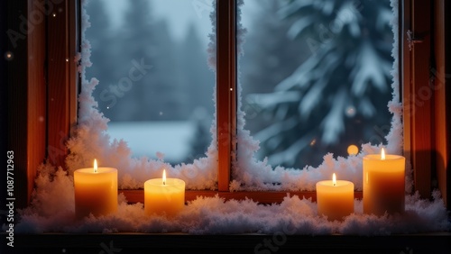 Lit candles on a snow-covered windowsill creating a warm cozy ambiance during winter