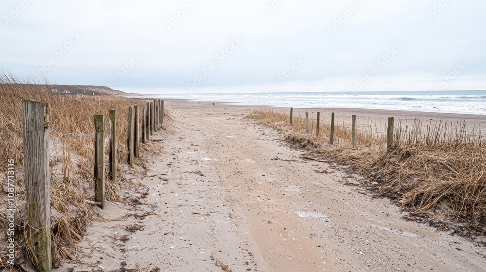 Coastal Path Leading to Sandy Beach with Ocean Waves Crashing on Shore Coastal Path Leading to Sandy Beach with Ocean Waves Crashing on Shore