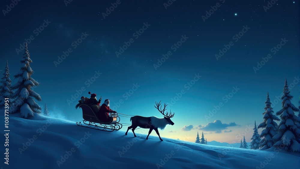 Santa Claus riding a sleigh pulled by reindeers under a starlit winter night sky Santa Claus riding a sleigh pulled by reindeers under a starlit winter night sky