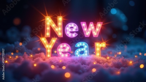 Glowing "New Year" lights sparkle amidst a festive winter scene with vibrant colors and bokeh effects