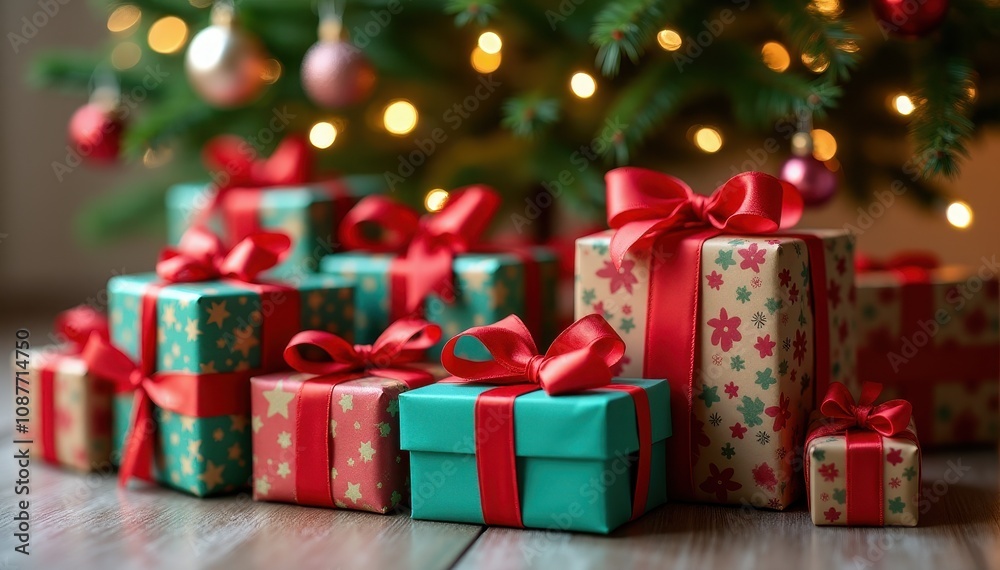 Colorful, beautifully wrapped Christmas gifts with red bows are arranged under a decorated tree with glowing lights, evoking holiday cheer and celebration Colorful, beautifully wrapped Christmas gifts with red bows are arranged under a decorated tree with glowing lights, evoking holiday cheer and celebration