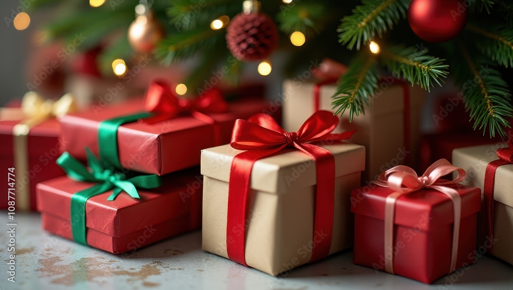 Festive Christmas gifts with colorful ribbons under a decorated tree, capturing the holiday spirit and warmth Festive Christmas gifts with colorful ribbons under a decorated tree, capturing the holiday spirit and warmth