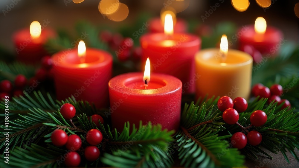Lit red candles surrounded by evergreen branches and berries, creating a cozy holiday atmosphere Lit red candles surrounded by evergreen branches and berries, creating a cozy holiday atmosphere