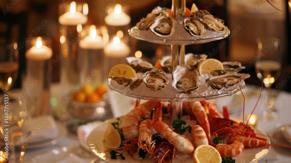 A lavish seafood tower brimming with oysters, shrimp A lavish seafood tower brimming with oysters, shrimp