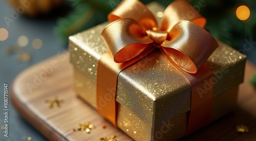 Elegant golden gift box adorned with a shimmering satin ribbon, set on a wooden surface with festive decorations in the background