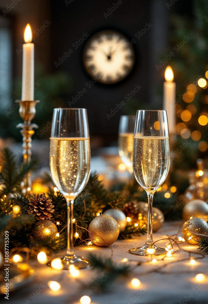 An elegant table setting with gold and silver decor, champagne flutes, and midnight clock.
An elegant table setting with gold and silver decor, champagne flutes, and midnight clock.