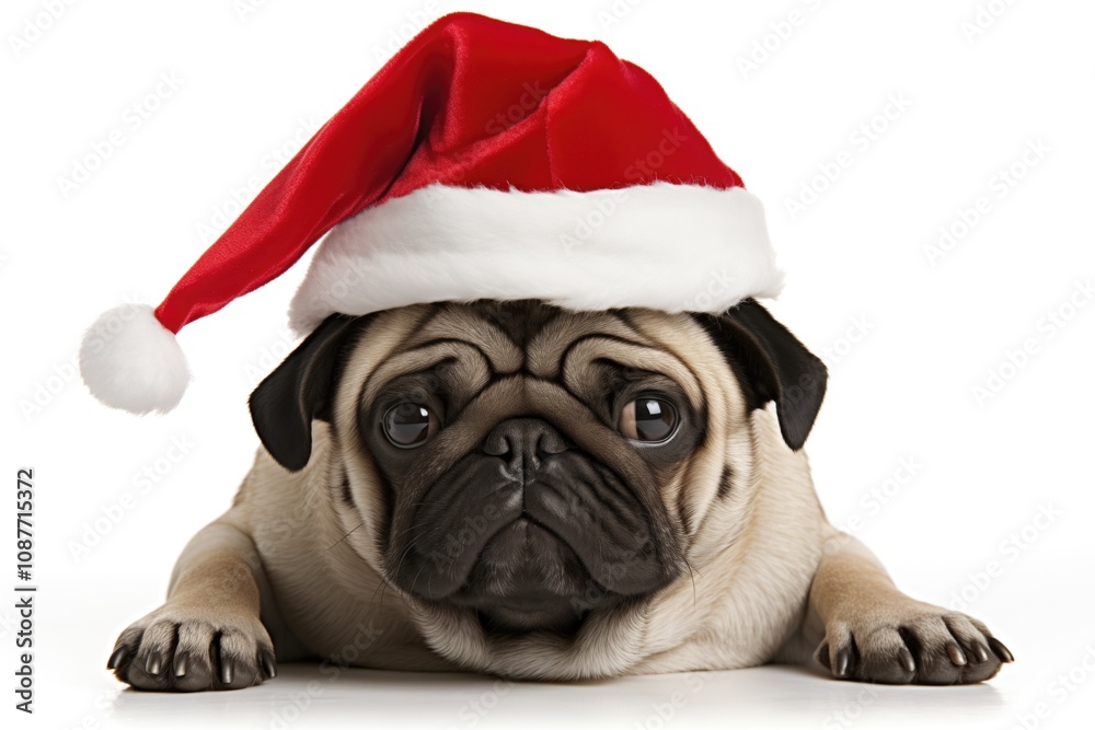 Close up of a cute pug dog in Christmas hat on a white background Close up of a cute pug dog in Christmas hat on a white background