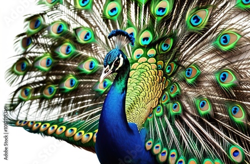 The peacock has spread its tail. The bird has beautiful plumage. White background.