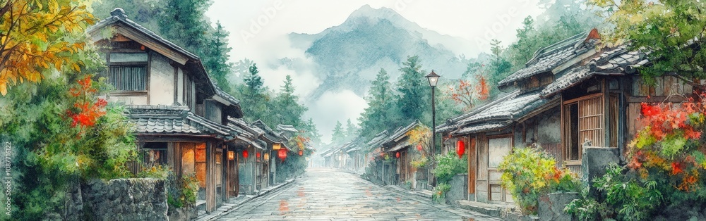 Serene Bamboo Village Street Lined with Traditional Homes in Nature Serene Bamboo Village Street Lined with Traditional Homes in Nature