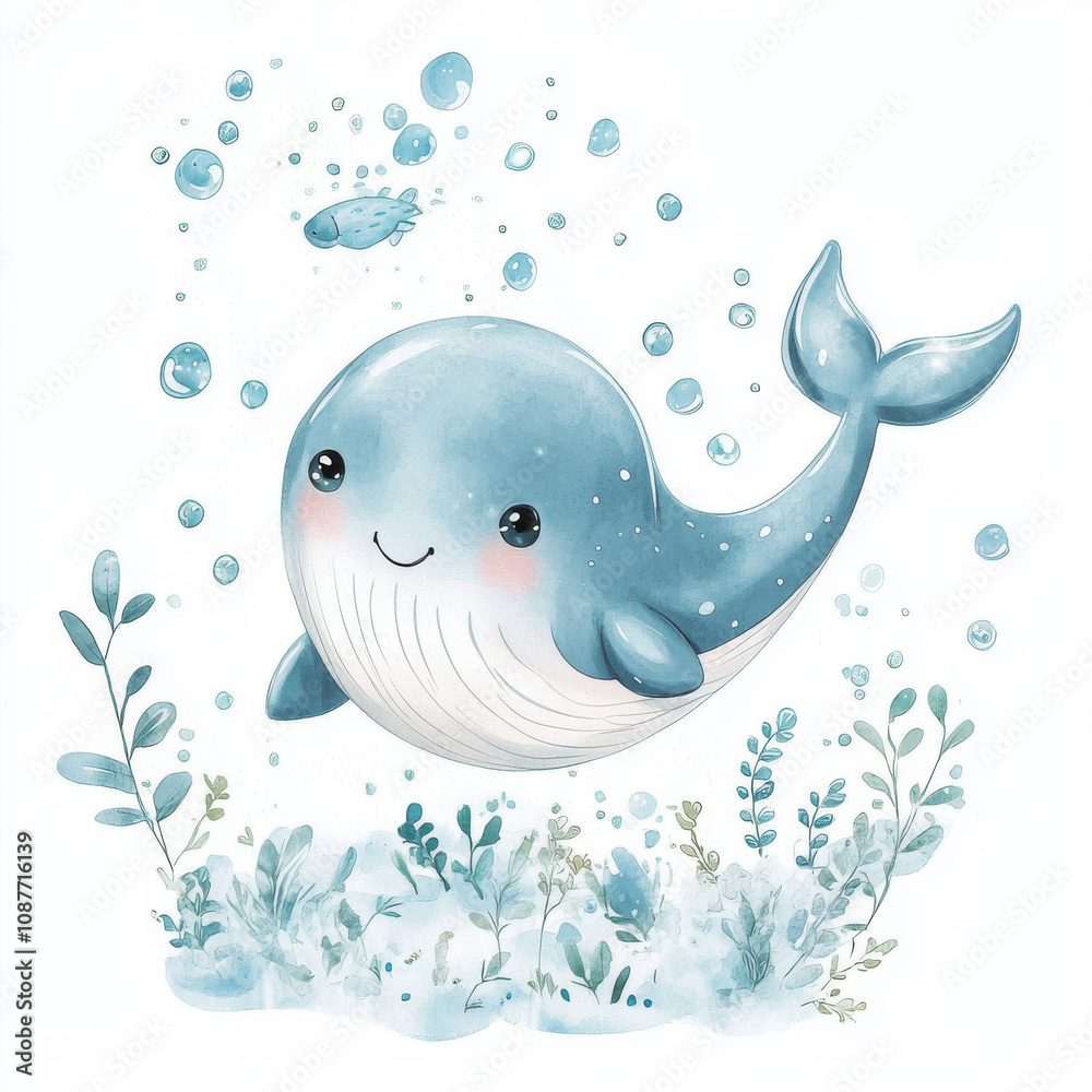 Cute whale with water spout and bubbles in ocean scene Cute whale with water spout and bubbles in ocean scene
