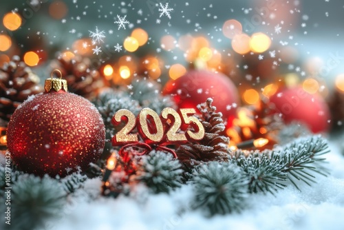 Desktop screensaver with falling snowflakes and "2025" in the center