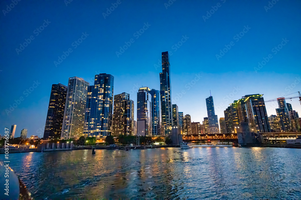 Fototapeta premium Amazing night view of Downtown Chicago skyscrapers from a cruise along the city river