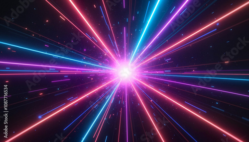 Colorful light beams radiate from a central point, creating a dynamic burst of energy in a dark space