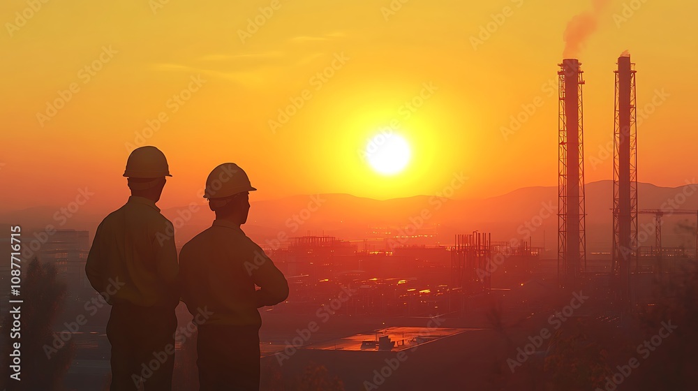 Two engineers silhouetted against a fiery sunset, overlooking an industrial plant. Two engineers silhouetted against a fiery sunset, overlooking an industrial plant.
