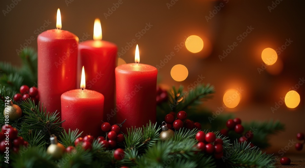 Lit red candles surrounded by evergreen branches and berries, creating a cozy holiday atmosphere Lit red candles surrounded by evergreen branches and berries, creating a cozy holiday atmosphere