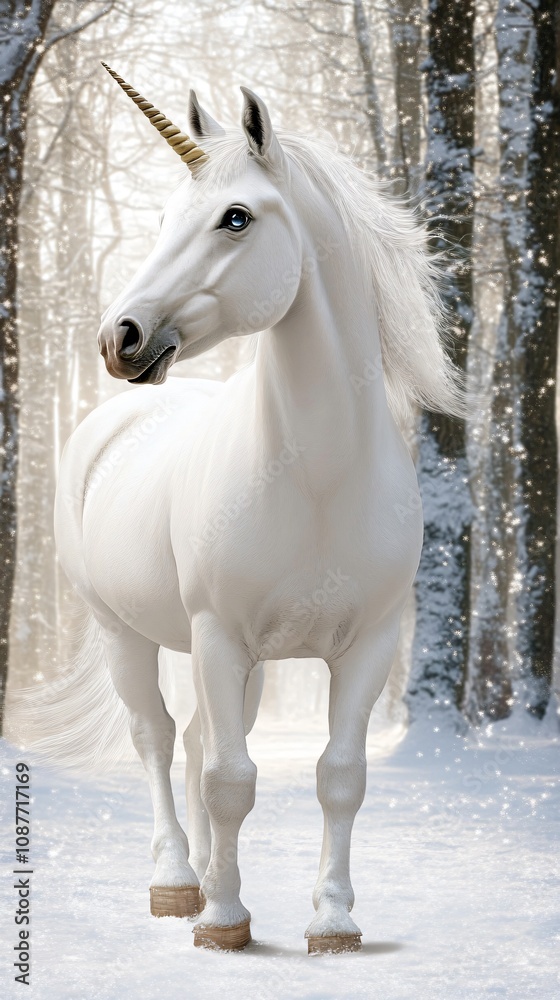 A white unicorn stands in a snowy forest