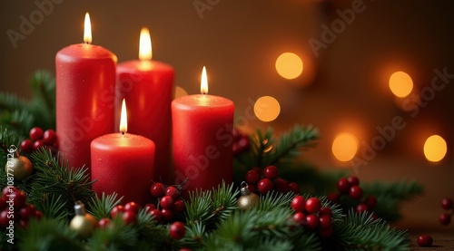 Lit red candles surrounded by evergreen branches and berries, creating a cozy holiday atmosphere