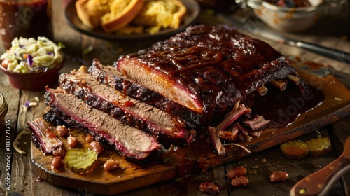 A mouthwatering barbecue brisket platter with sides of coleslaw, baked beans