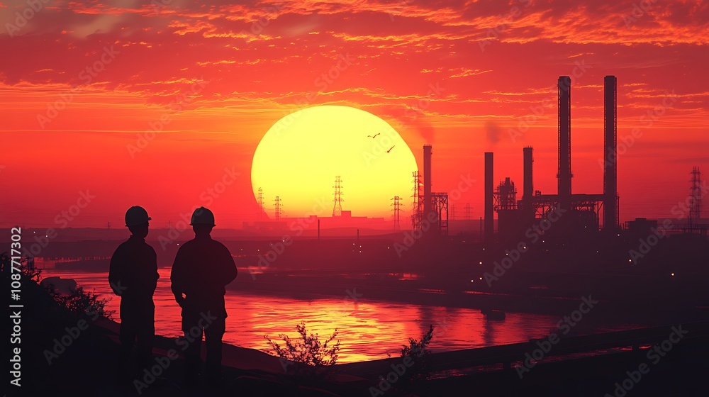 Two figures in hard hats silhouetted against a fiery sunset over an industrial landscape. Two figures in hard hats silhouetted against a fiery sunset over an industrial landscape.