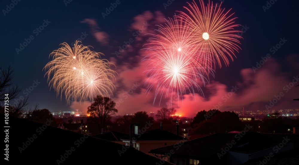 Fototapeta premium Bright red and gold fireworks illuminate the night sky over a cityscape, celebrating the New Year