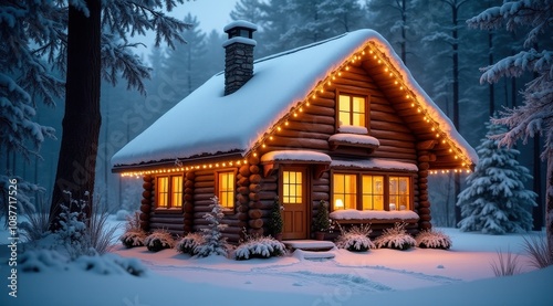 A cozy log cabin decorated with warm lights, surrounded by snow and evergreen trees in a magical winter scene