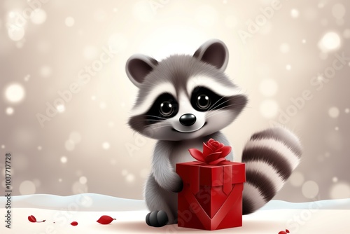 Cute raccoon with gift box illustration on snow background. Concepts of birthday party for kids and celebration.