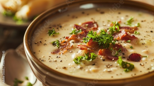 A mouthwatering bowl of creamy chicken and wild rice soup garnished with crispy bacon and chopped parsley, Soup bowl centered