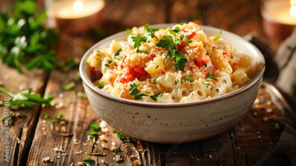 A mouthwatering bowl of creamy lobster macaroni and cheese topped with breadcrumbs, Bowl served on a rustic wooden table A mouthwatering bowl of creamy lobster macaroni and cheese topped with breadcrumbs, Bowl served on a rustic wooden table